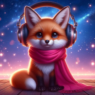 Fox with headphones under a starry night sky