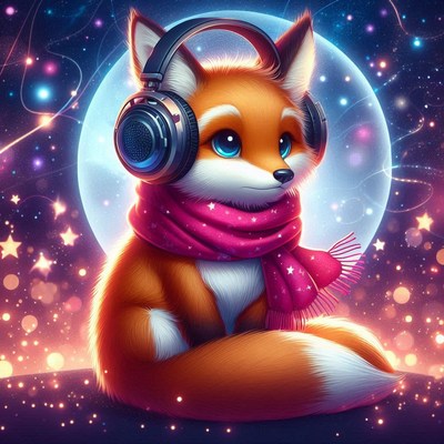 Fox in headphones sits by a glowing moon