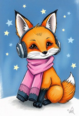 Fox with headphones and pink scarf sits in snow