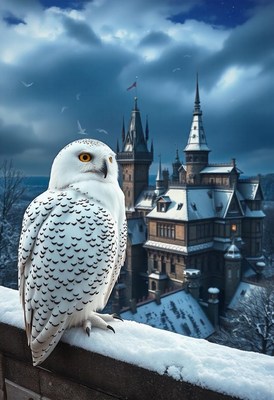 Snowy owl on a snowy ledge by a fairytale castle