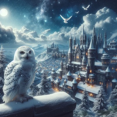 Snowy owl on roof overlooks winter castle