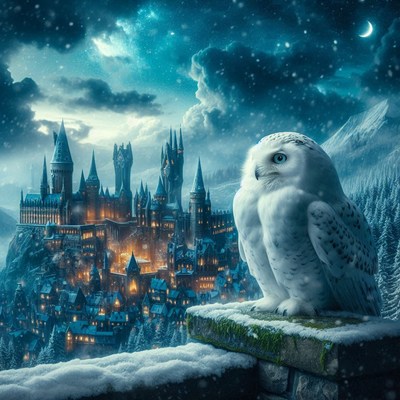 Snowy owl on a roof, gazing at a castle