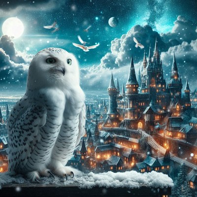 A snowy owl perches on a ledge overlooking a magical city