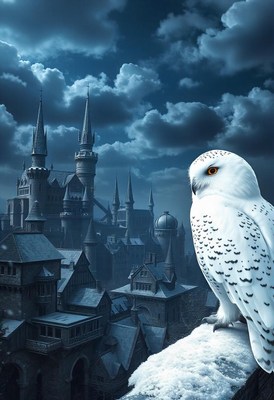 Snowy owl on a roof above a medieval town