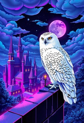 Snowy owl watches a castle under the full moon