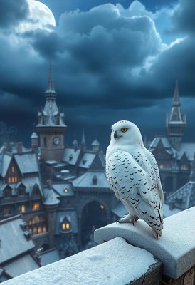 A snowy owl perches on a railing overlooking a wintery town