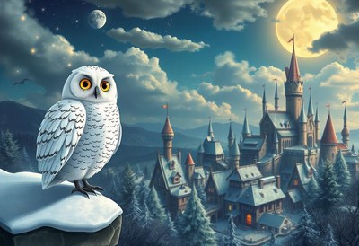 Snowy owl watches castle by full moon