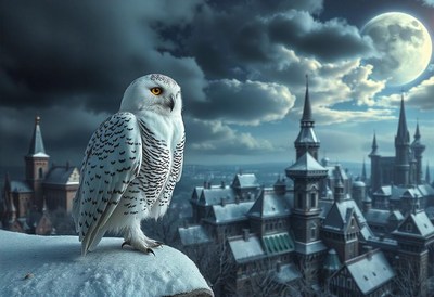 Owl sits on rooftop, watching moonlit city