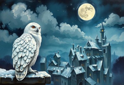 Snowy owl on rooftop near village under full moon
