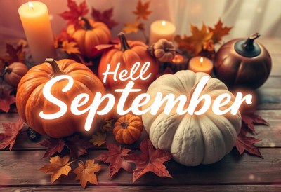 Hello september, with pumpkins and fall leaves