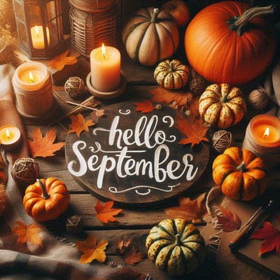 Hello september, pumpkins, and fall leaves