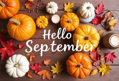 Pumpkins and leaves welcome september
