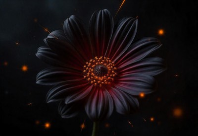 A black flower with orange lights in the dark