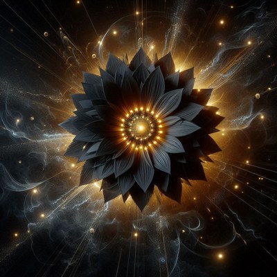 A black flower glows with golden light