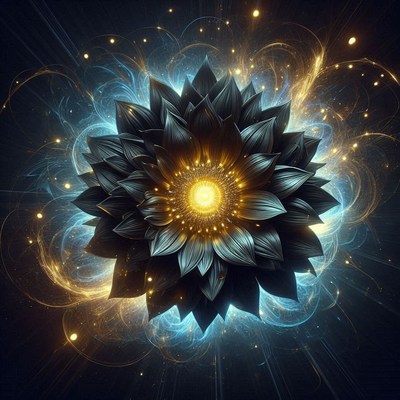 A dark flower blooms with glowing light