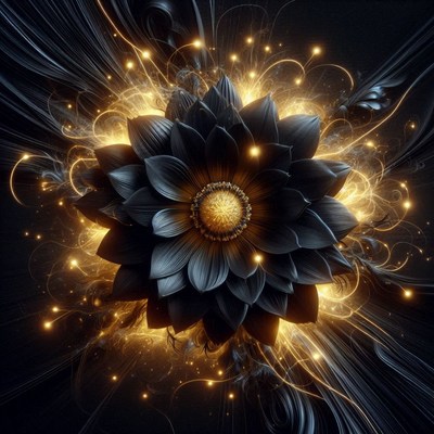 A black flower with a golden center glows with light
