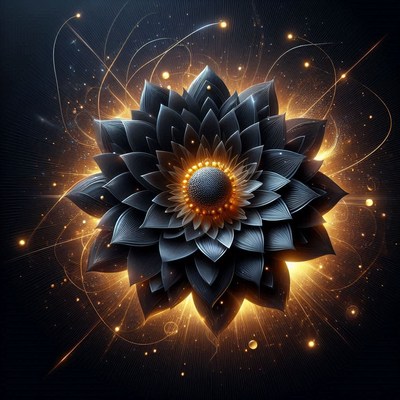 A black flower glows with golden light