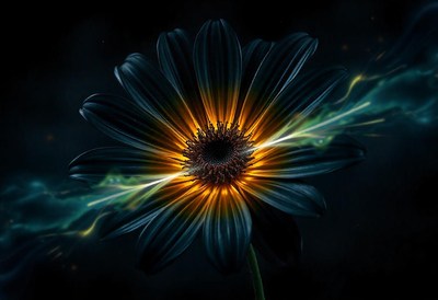 A glowing flower blooms in the darkness