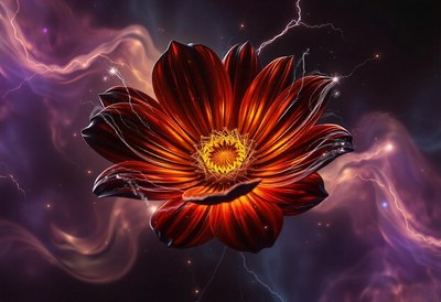 A glowing flower blossoms in a galaxy of swirling lights