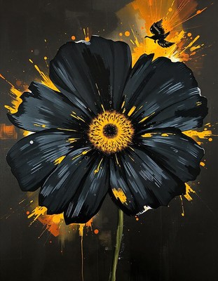 Black flower with yellow blooms on dark background