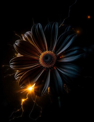A black flower blooms with glowing light