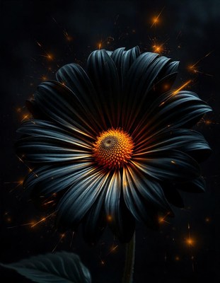 A black flower with a golden center blooms bright