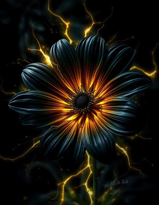 A dark flower glows with golden energy