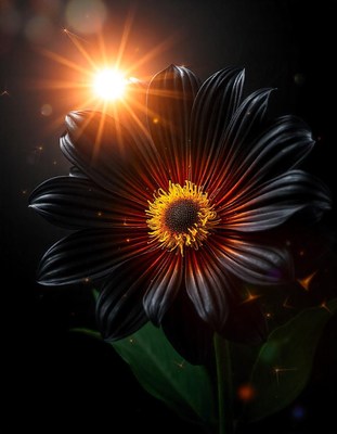 A black flower blooms under the warm rays of the sun