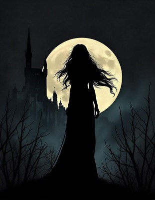 A woman stands silhouetted against a full moon and a castle