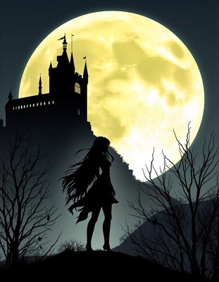 A woman silhouetted by a full moon and castle