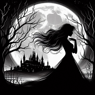 A woman stands silhouetted against a full moon and a castle