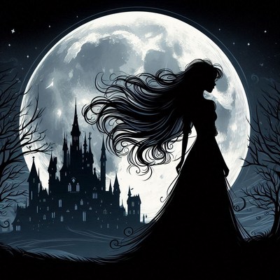 A woman stands before a castle under a full moon
