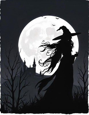 Witch silhouetted by a full moon and castle