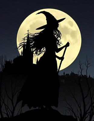 A witch casts a silhouette on a moonlit hill