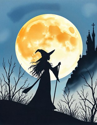 A witch walks under a full moon, a castle in the distance