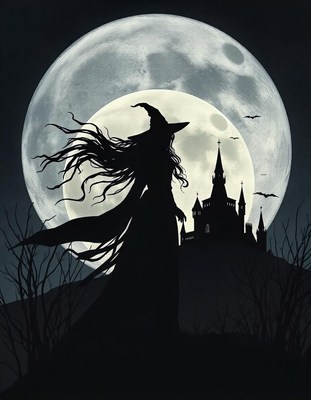 A witch walks towards a castle under a full moon