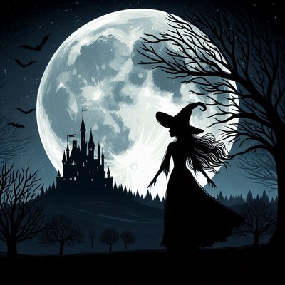 A witch walks past a castle under a full moon