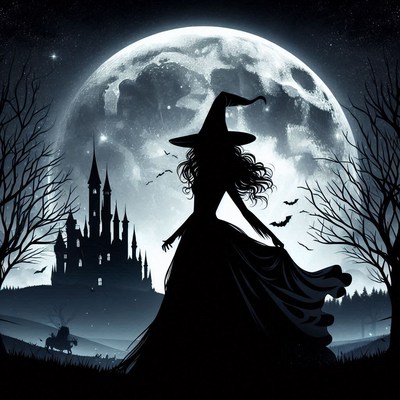 A witch walks under a full moon, near a spooky castle