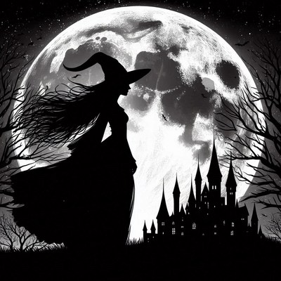 A witch stands in front of a castle under a full moon
