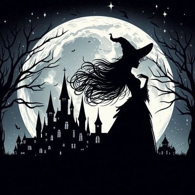 A witch stands before a castle under a full moon