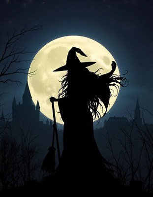 A witch casts a spell under a full moon