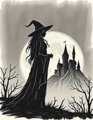 A witch gazes at a castle under the full moon