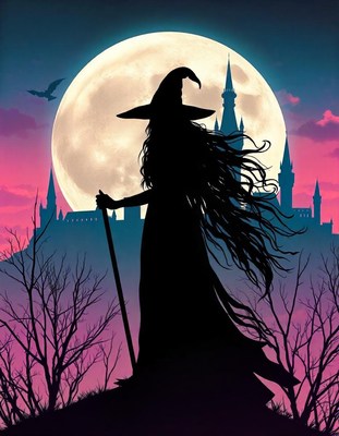 A witch stands silhouetted against a full moon and a castle