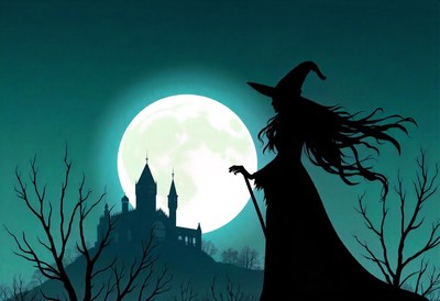 A witch stands under a full moon near a castle