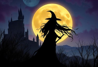 A witch soars at night past a castle, full moon high