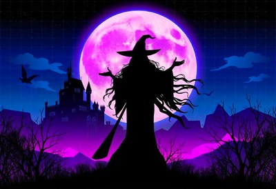 A witch stands under a pink moon, holding a broom
