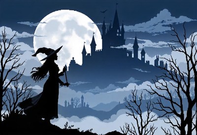 A witch silhouetted by the moon, eyes on a castle