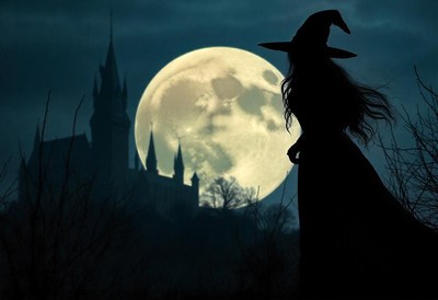 A witch walks by a castle under a full moon