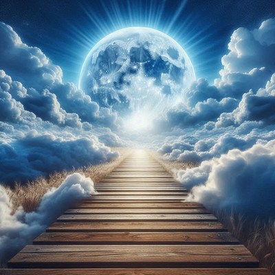 A wooden path leads towards a giant moon in the clouds