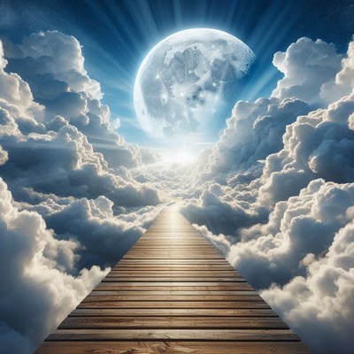A wooden path leads to the moon through clouds